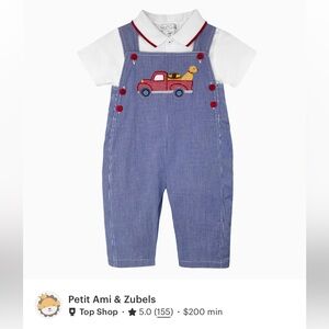 Petit Ami Blue Gingham Overalls with Red Accent and Truck Applique
